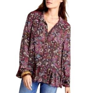 Maeve Anthropologie Janie Flounced Peasant Blouse Womens Sz 12 Dark Moody Floral